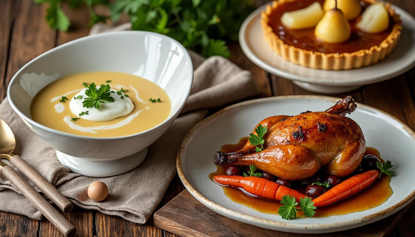 découvrez un menu gourmand : soupe veloutée de panais au yaourt, pintade rôtie au four accompagnée d'oignons caramélisés et de carottes glacées, suivie d'une délicieuse tarte aux poires parfumée à la vanille.