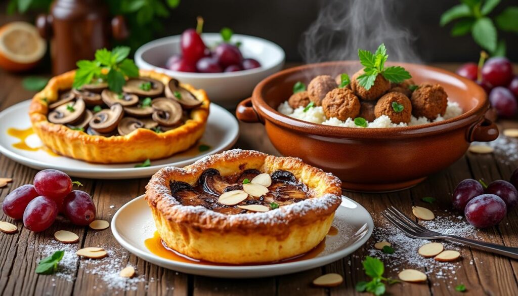 découvrez un menu raffiné avec une tarte fine aux champignons, une savoureuse daube au four aux cèpes accompagnée de riz, puis terminez par un clafoutis aux raisins et amandes. des saveurs d’automne pour un repas gourmand et convivial.