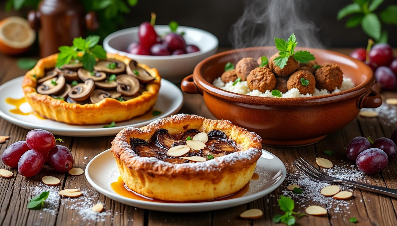 Tarte fine aux champignons / Daube au four aux cèpes, riz / Clafoutis aux raisins et amandes découvrez un menu raffiné avec une tarte fine aux champignons, une savoureuse daube au four aux cèpes accompagnée de riz, puis terminez par un clafoutis aux raisins et amandes. des saveurs d’automne pour un repas gourmand et convivial.