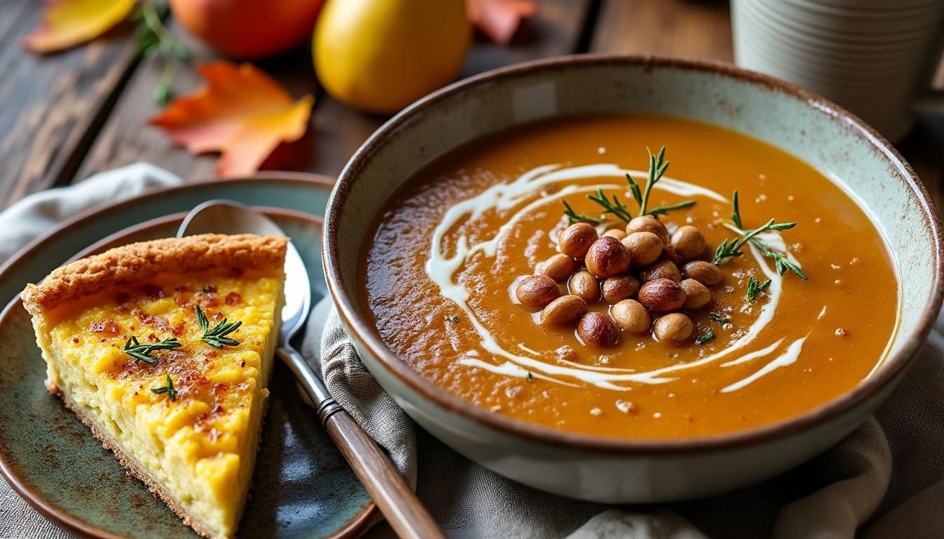 Velouté de châtaignes à la noisette / Polenta au four au thym, épeautre / Tarte aux poires à la vanille savourez un menu automnal gourmand : velouté crémeux de châtaignes relevé de noisettes, polenta au four parfumée au thym et à l’épeautre, et tarte aux poires à la vanille délicieusement fondante.