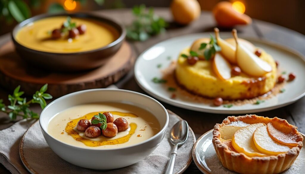 découvrez un menu gourmand d'automne : velouté de châtaignes relevé à la noisette, polenta au four parfumée au thym et à l'épeautre, puis une tarte aux poires délicatement infusée à la vanille.
