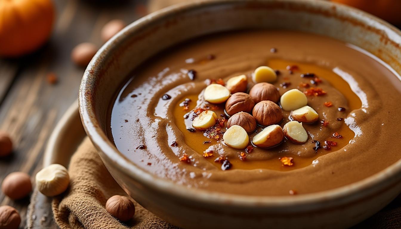 Velouté de châtaignes à la noisette / Polenta au four au thym, épeautre / Tarte aux poires à la vanille savourez un menu d’automne raffiné : velouté de châtaignes onctueux à la noisette, polenta croustillante au four parfumée au thym et épeautre, puis tarte fondante aux poires et vanille. une expérience gourmande, élégante et de saison !