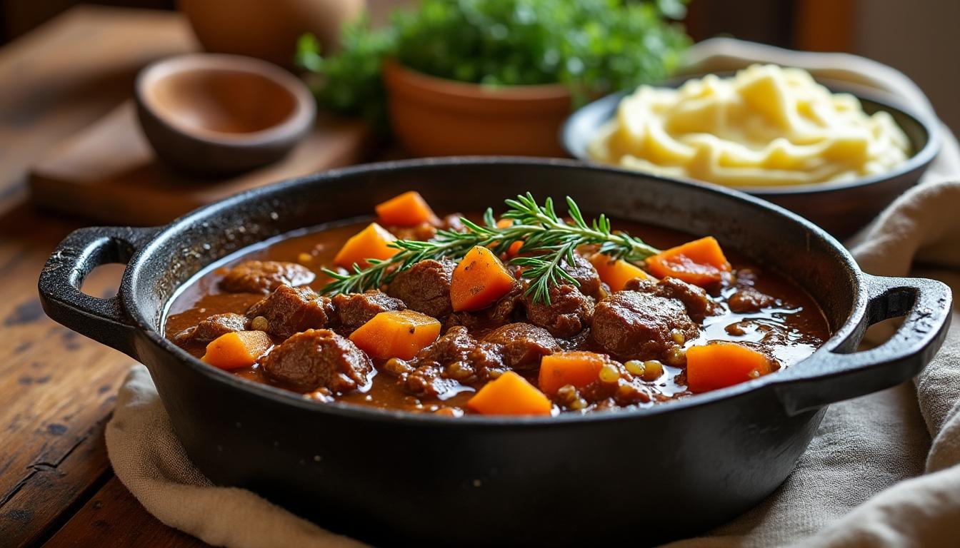 découvrez un menu raffiné composé d'un velouté onctueux de châtaignes et parmesan, suivi d'une daube mijotée au thym avec sa purée de pommes de terre, puis terminez sur une mousse légère aux châtaignes et miel. un voyage gourmand aux saveurs d'automne.