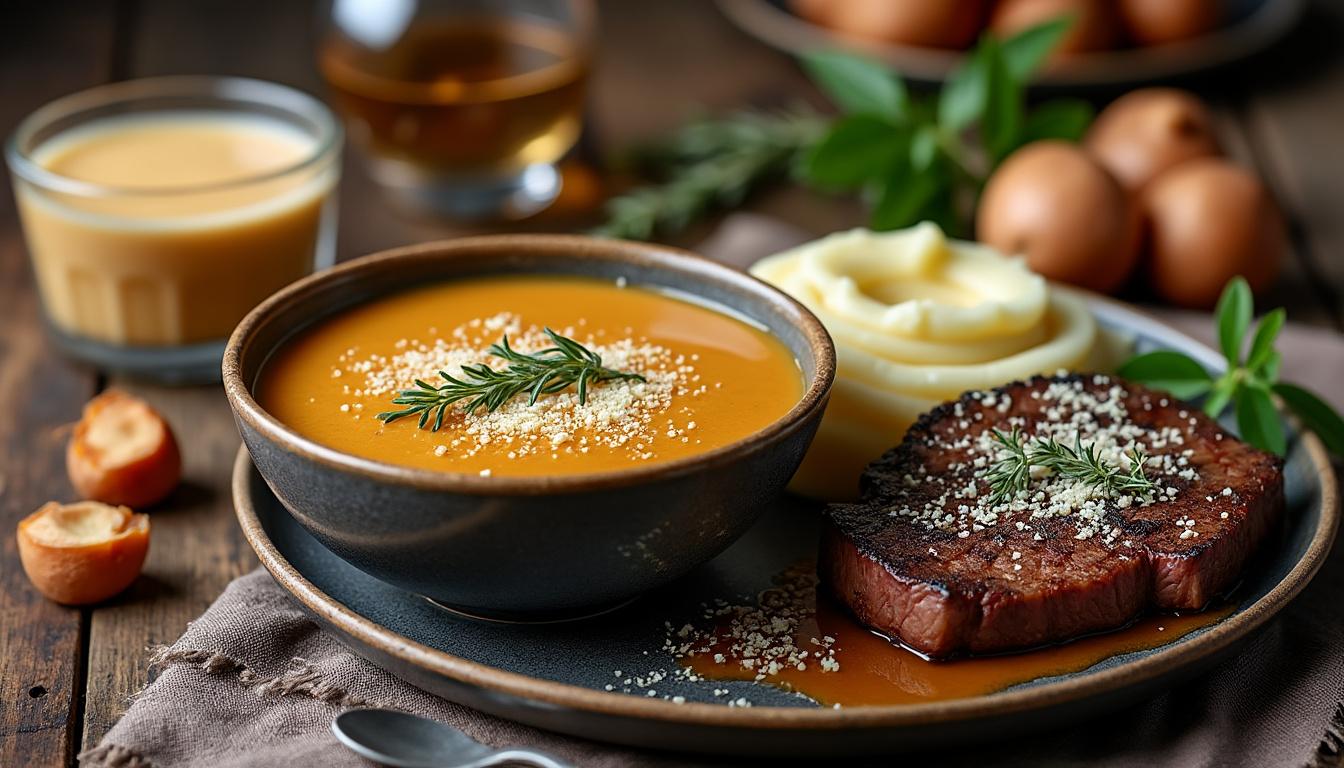 découvrez un menu savoureux : velouté onctueux de châtaignes au parmesan, daube tendre poêlée au thym avec purée de pommes de terre, suivi d'une mousse de châtaignes délicatement sucrée au miel. un voyage gourmand automnal à partager.