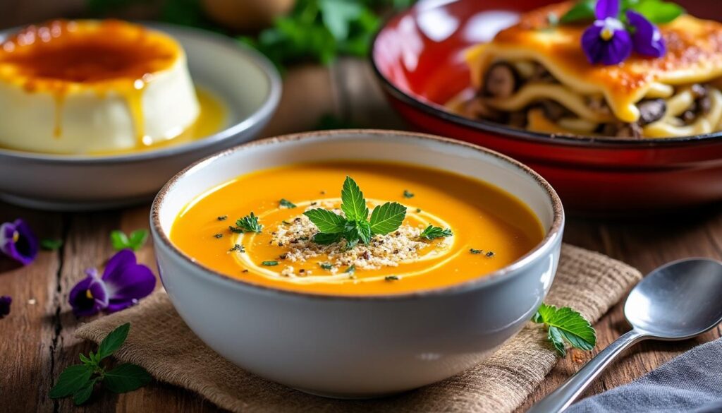 découvrez un menu gourmand avec un velouté de courge butternut et parmesan, des lasagnes mijotées aux champignons accompagnées de riz, et terminez sur une note sucrée avec une crème brûlée au miel. un trio de saveurs pour ravir vos papilles !