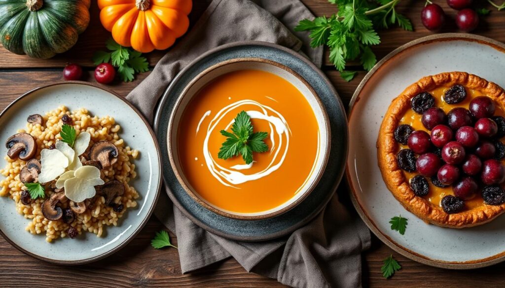 découvrez un menu automnal savoureux : velouté onctueux de potimarron, risotto crémeux braisé aux champignons avec tagliatelles fondantes, suivi d’un clafoutis gourmand aux raisins au sirop. une expérience gustative chaleureuse et raffinée !