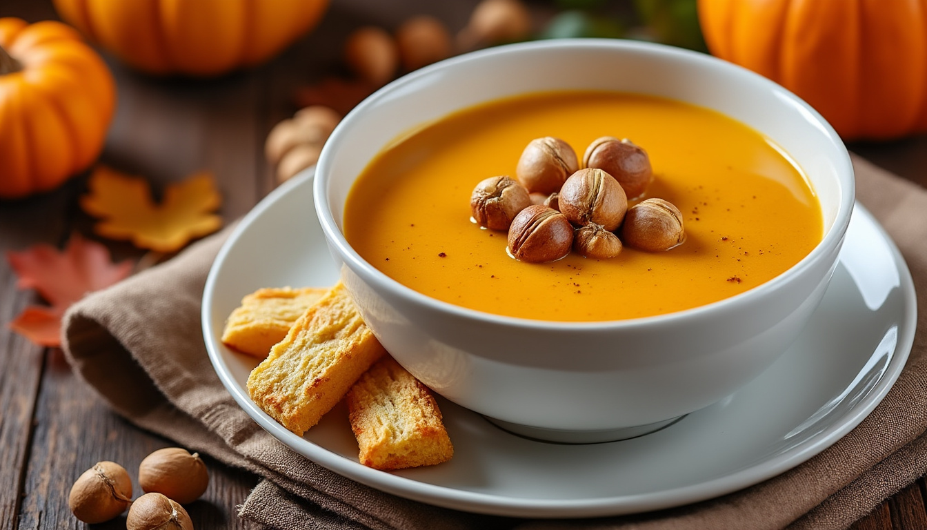 Velouté de potimarron à la noisette / Merlu braisé aux champignons, carottes glacées / Pommes rôties au miel et amandes savourez un menu raffiné : velouté de potimarron parfumé à la noisette, merlu braisé aux champignons accompagné de carottes glacées, suivi de pommes rôties au miel et amandes croquantes. gourmandise et équilibre au rendez-vous !