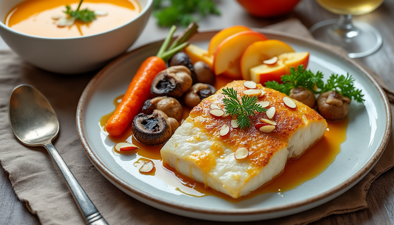 Velouté de potimarron à la noisette / Merlu braisé aux champignons, carottes glacées / Pommes rôties au miel et amandes savourez un menu automnal raffiné : velouté de potimarron à la noisette, merlu braisé aux champignons et carottes glacées, suivi de pommes rôties au miel et amandes. une invitation gourmande à la découverte de saveurs de saison.