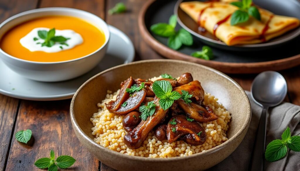 découvrez un menu savoureux : velouté de potimarron au yaourt en entrée, pintade mijotée aux champignons et riz en plat principal, suivi de crêpes aux pommes parfumées à la menthe pour le dessert. un repas gourmand et équilibré !
