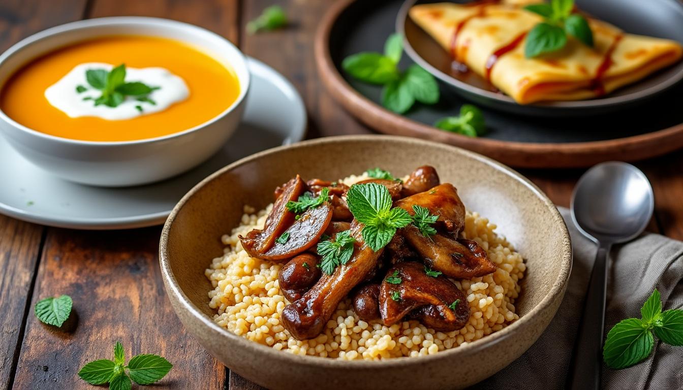 Velouté de potimarron au yaourt / Pintade mijoté aux champignons, riz / Crêpes aux pommes à la menthe découvrez un menu savoureux : velouté de potimarron au yaourt en entrée, pintade mijotée aux champignons et riz en plat principal, suivi de crêpes aux pommes parfumées à la menthe pour le dessert. un repas gourmand et équilibré !