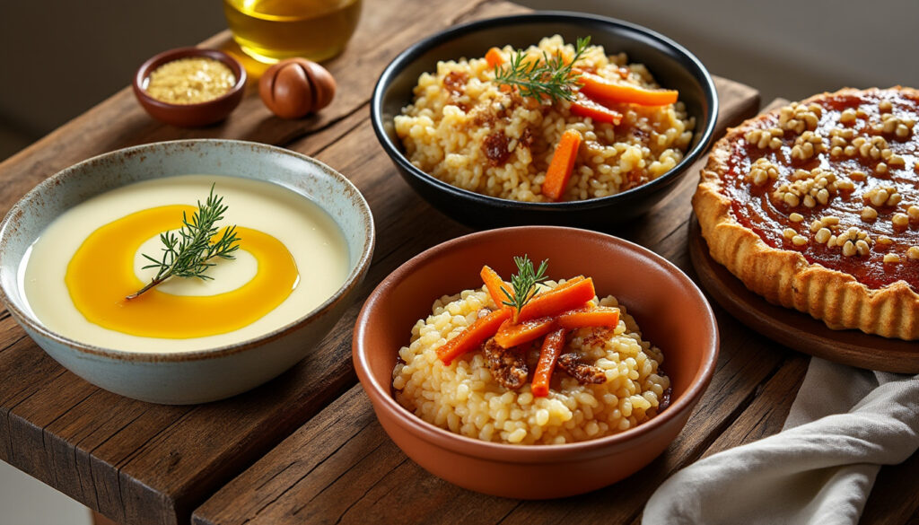 découvrez un menu raffiné composé d'un velouté de topinambours à l'huile d'olive, d'un risotto braisé aux oignons caramélisés et carottes glacées, suivi d'une délicieuse tarte aux noix au miel. un repas gourmand et savoureux à partager !