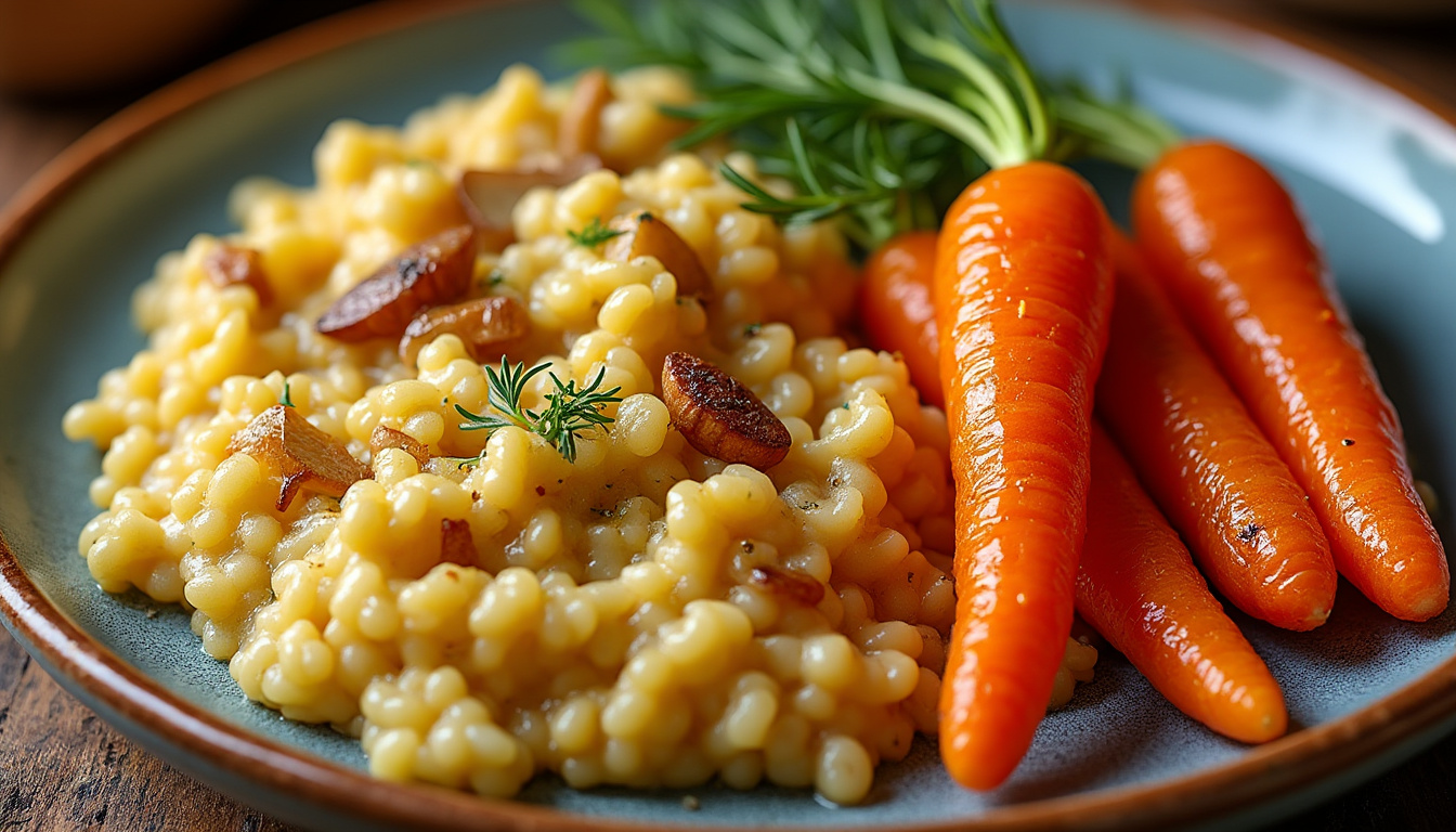Velouté de topinambours à l'huile d'olive / Risotto braisé aux oignons caramélisés, carottes glacées / Tarte aux noix au miel découvrez un menu raffiné : velouté de topinambours relevé à l'huile d'olive, risotto braisé aux oignons caramélisés accompagné de carottes glacées, et une délicieuse tarte aux noix nappée de miel pour une touche sucrée gourmande.