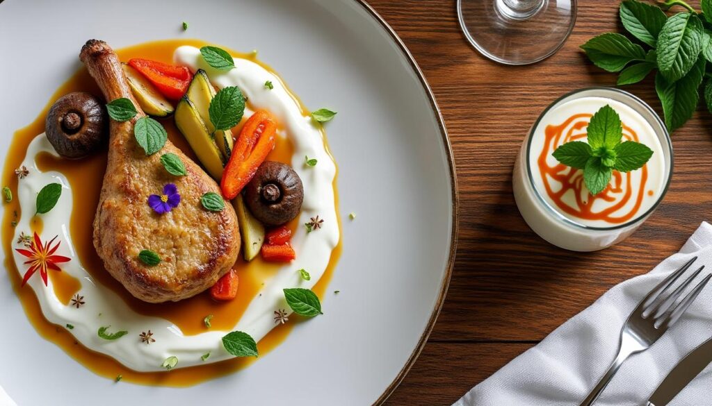 découvrez un menu raffiné avec un velouté de topinambours au yaourt, suivi d'une pintade poêlée aux cèpes et légumes rôtis, puis d'une délicieuse crème caramel parfumée à la menthe.