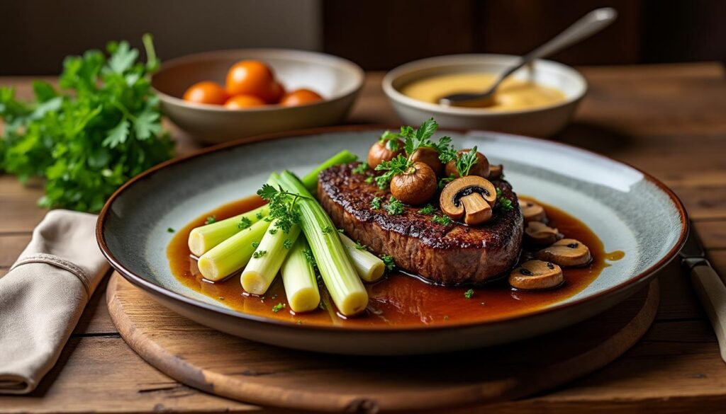 découvrez un menu raffiné : poireaux vinaigrette aux herbes, bœuf au four aux cèpes accompagné d'un gratin de potimarron, et terminez en douceur avec une crème de marrons maison au sirop. parfait pour un repas automnal savoureux !