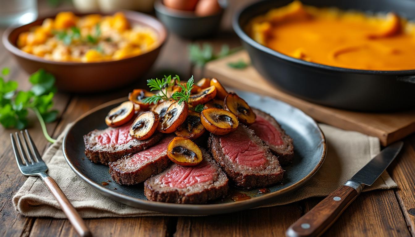 Poireaux vinaigrette aux herbes / Bœuf au four aux cèpes, gratin de potimarron / Crème de marrons maison au sirop découvrez un menu gourmand : poireaux vinaigrette aux herbes, bœuf au four aux cèpes accompagné d'un gratin de potimarron, et crème de marrons maison au sirop. une expérience culinaire savoureuse et authentique.