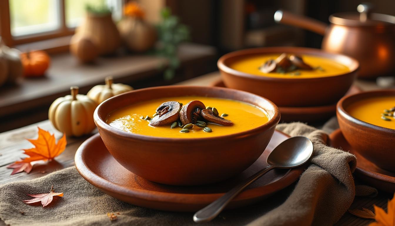 Velouté de courge butternut au citron / Civet de lapin braisé aux champignons, légumes rôtis / Crème brûlée à la menthe découvrez un menu raffiné : velouté de courge butternut relevé au citron, civet de lapin braisé aux champignons et légumes rôtis, suivi d'une crème brûlée à la menthe délicatement parfumée. une expérience gourmande aux saveurs équilibrées.