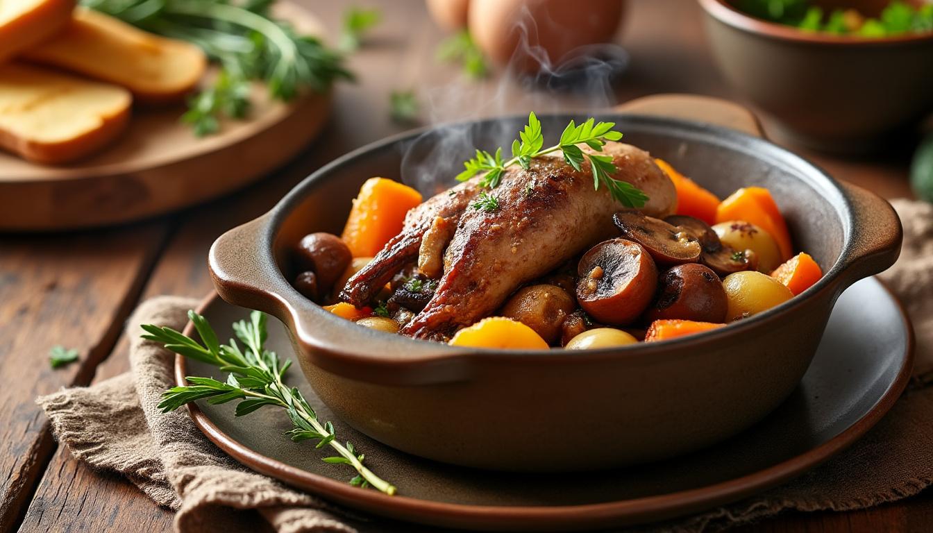 Velouté de courge butternut au citron / Civet de lapin braisé aux champignons, légumes rôtis / Crème brûlée à la menthe découvrez un menu raffiné composé d'un velouté de courge butternut au citron, suivi d'un civet de lapin braisé aux champignons et légumes rôtis, et terminez sur une note sucrée avec une crème brûlée à la menthe.